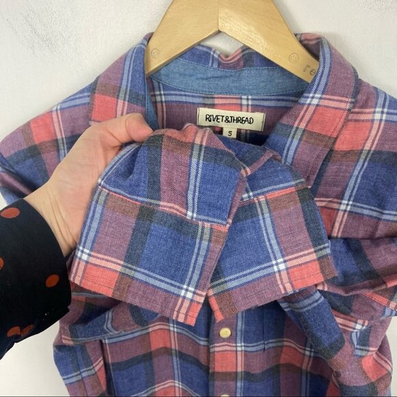 Madewell Rivet & Thread Harvey Plaid Popover Shirt Size Small Cotton Pink Blue S - Picture 7 of 14